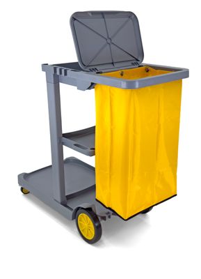 Compact Size Janitorial Cart | 3 Shelves | 25 Gallon Vinyl Bag With Cover | 450 LBS Capacity | Gray