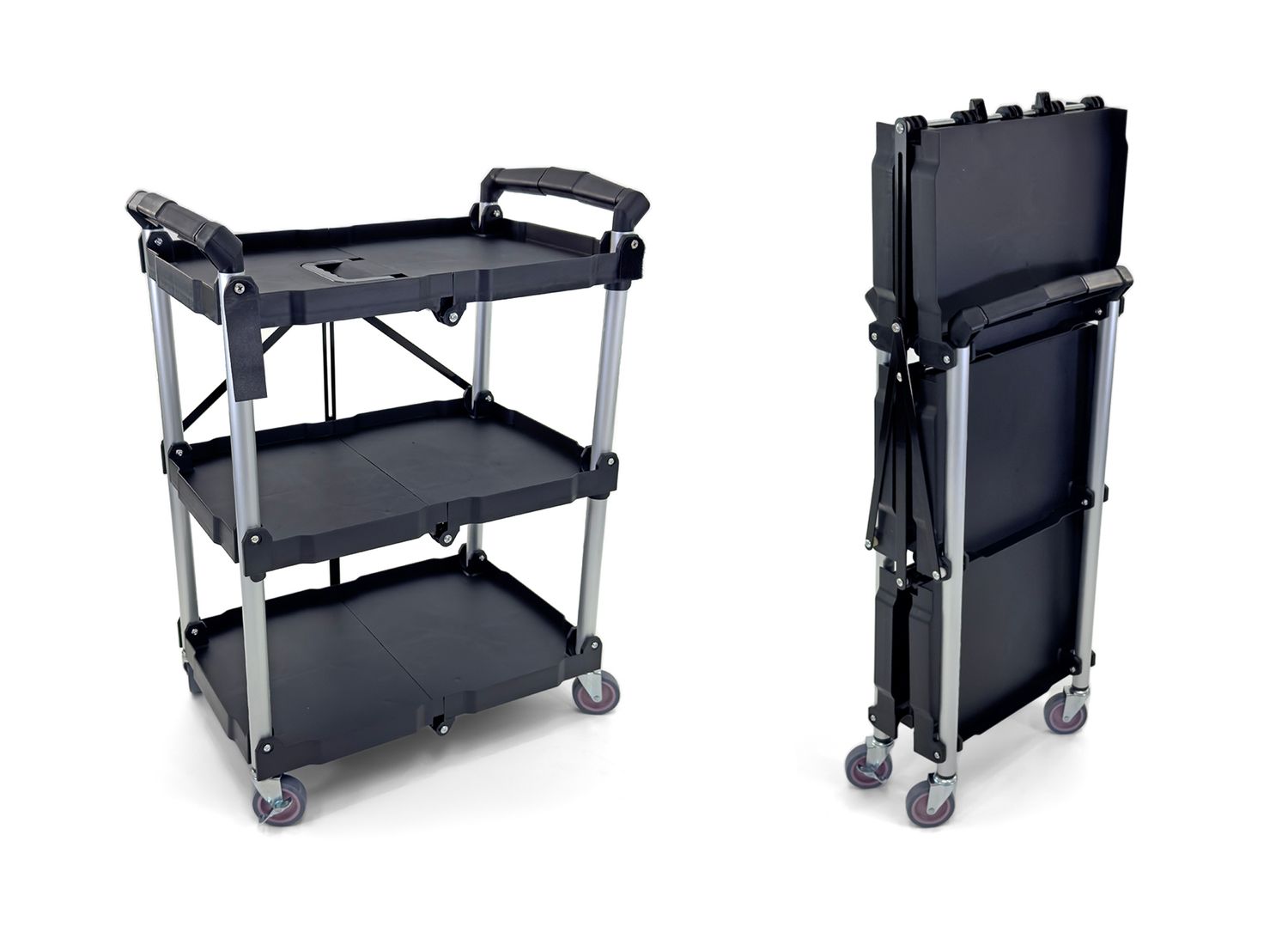 Portable Folding Service Cart  | Heavy-Duty Utility Service Cart | 3 Tier 330LBS Capacity | Rolling Cart Utility Cart Foldable Cart | Black.