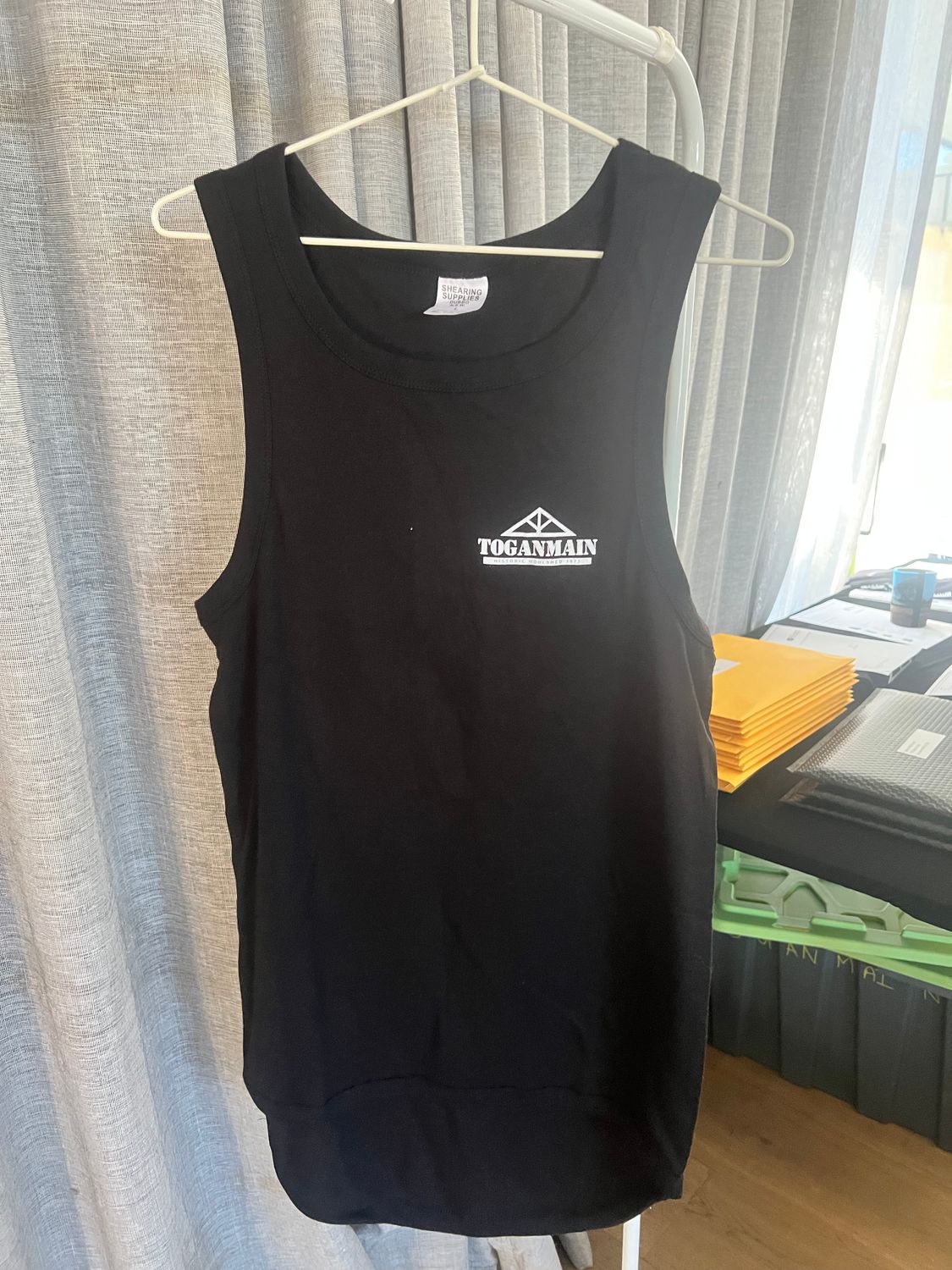 Shearers Singlet -Black with white print.