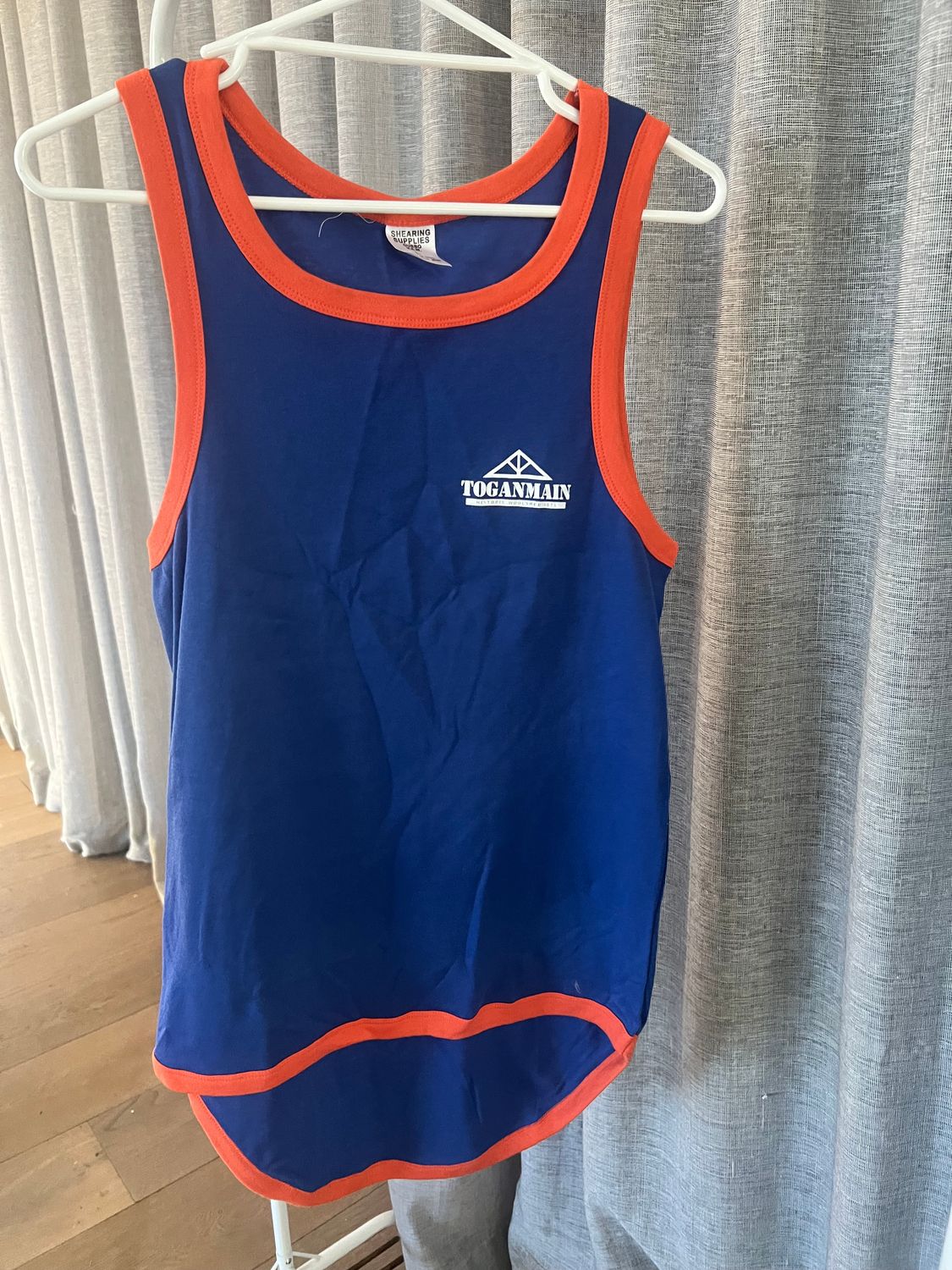 Shearers Singlet - Blue with and orange trim
