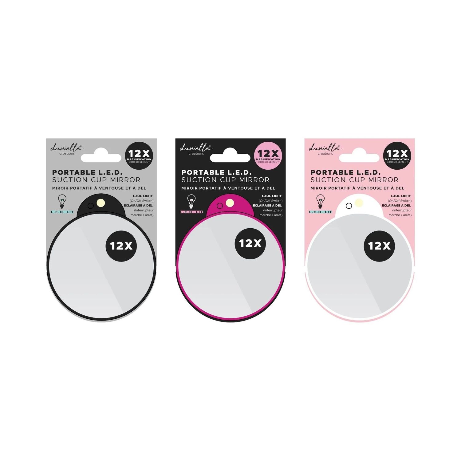 1X/12X L.E.D. TRAVEL SUCTION MIRROR (D441), ASSTD COLOUR