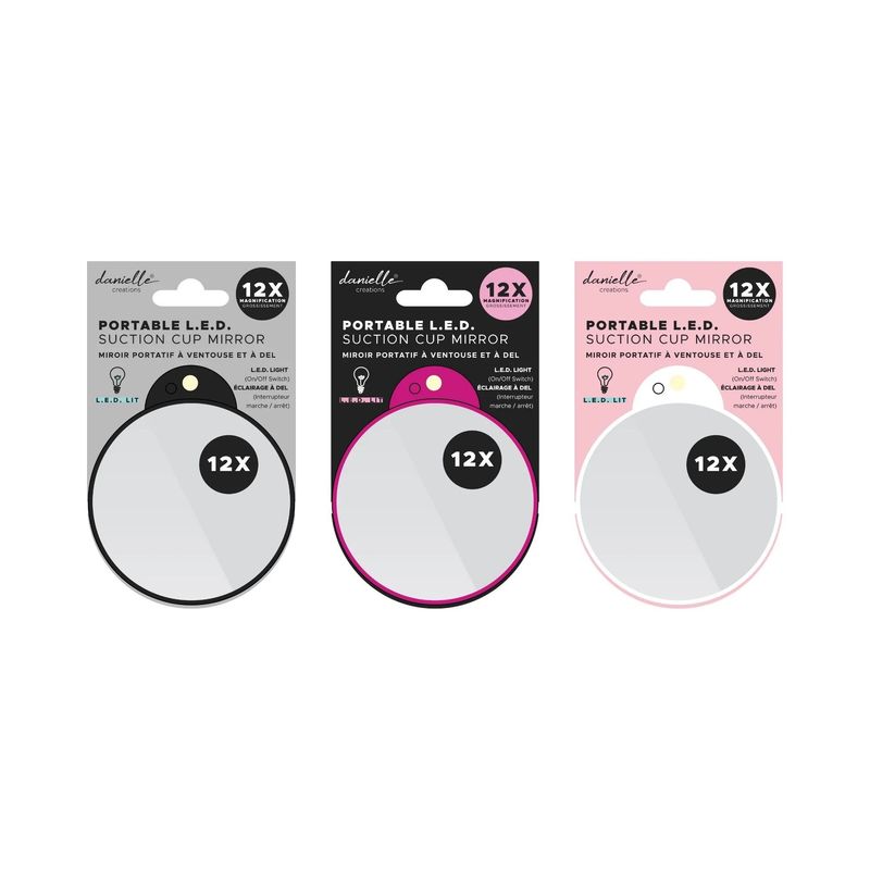 1X/12X L.E.D. TRAVEL SUCTION MIRROR (D441), ASSTD COLOUR