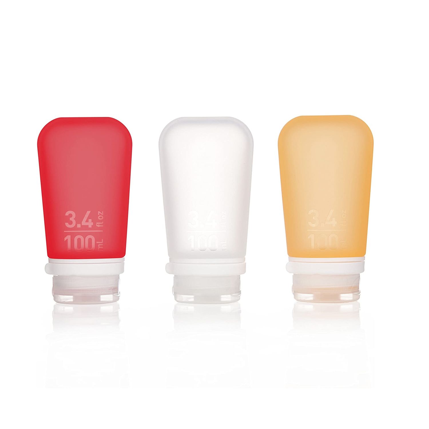 GOTOOB+ 3-PK 3.4oz LRG SILCONE BOTTLES, Color: CLEAR/RED/ORANGE