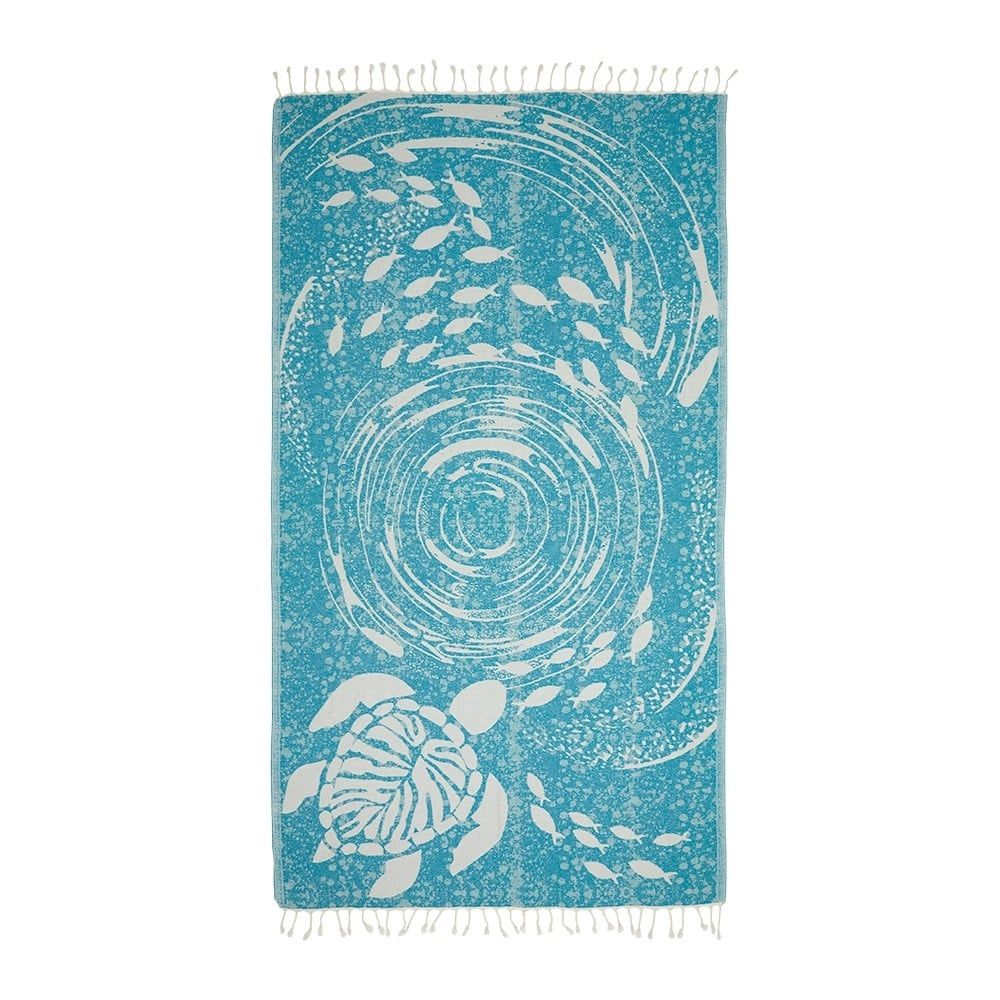 TURKISH COTTON BEACH TOWEL OCEAN TURTLE, Color: TURQUOISE