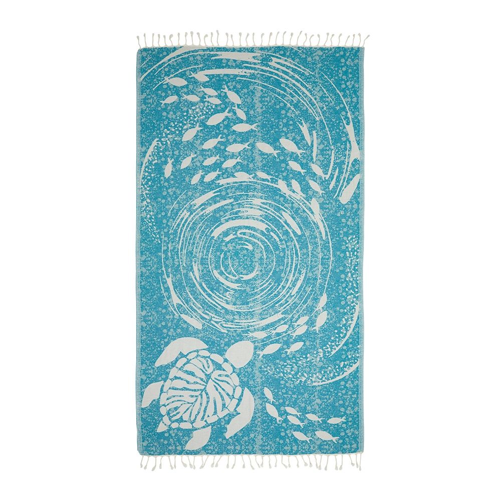 TURKISH COTTON BEACH TOWEL OCEAN TURTLE, Color: TURQUOISE
