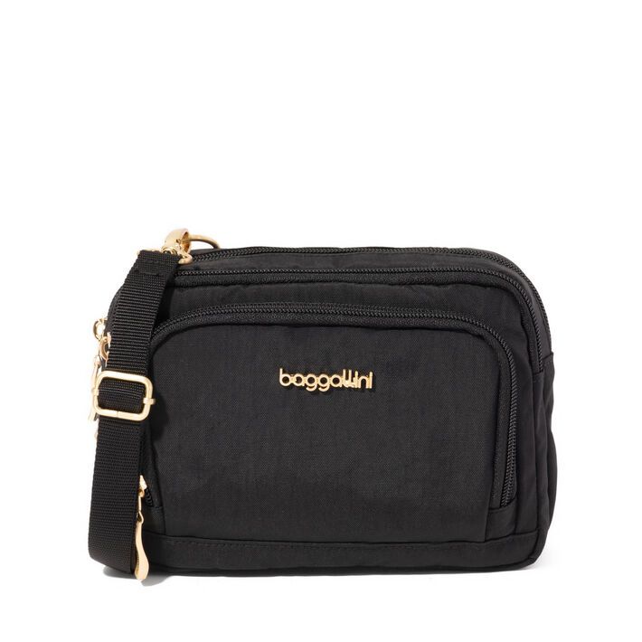 TRIFECTA RFID WALLET CROSSBODY (TZW729), Color: BLACK W/ GOLD HARDWARE