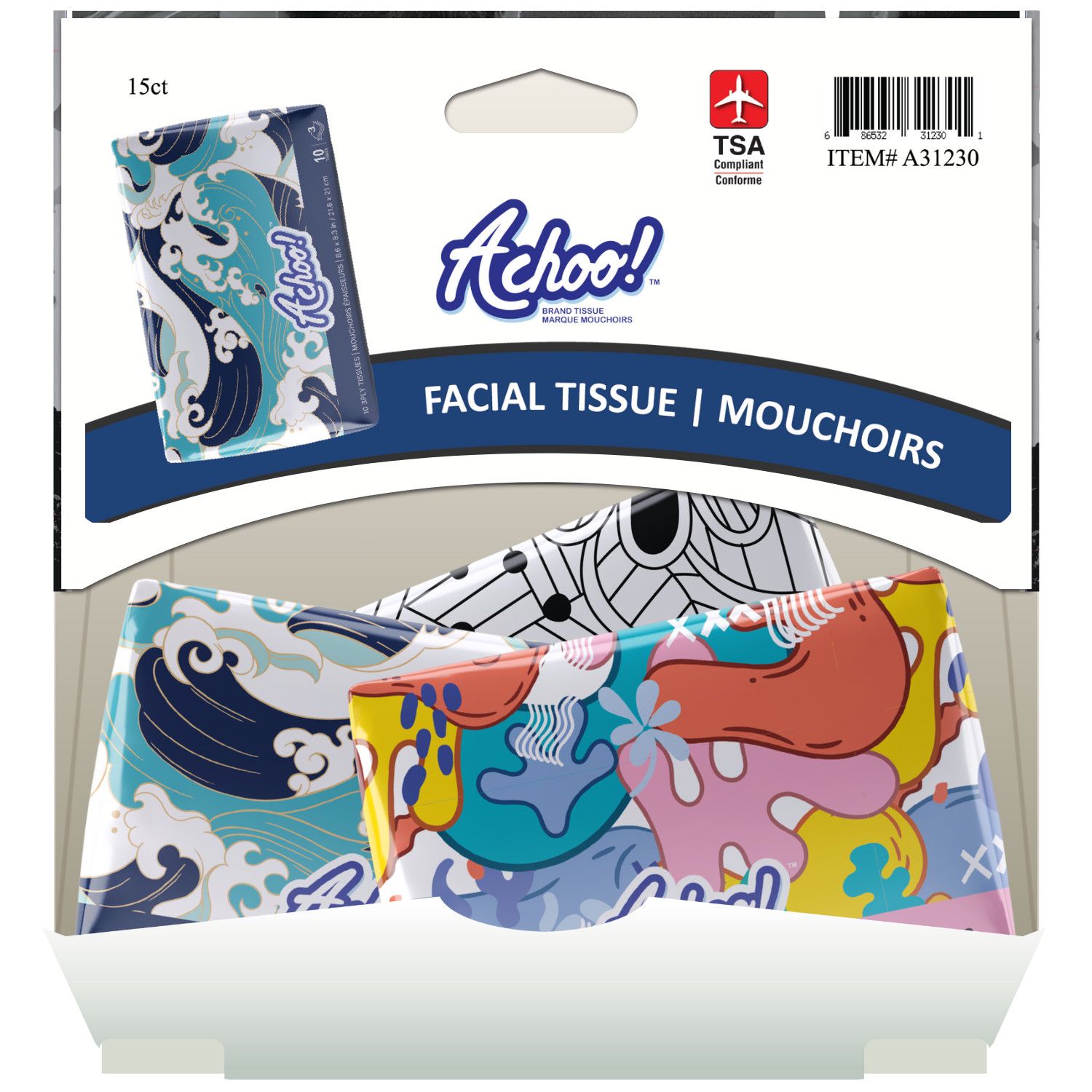ACHOO! SLIM WALLET 10PK PACK TISSUES, WAVES &amp; LINES (A31230)