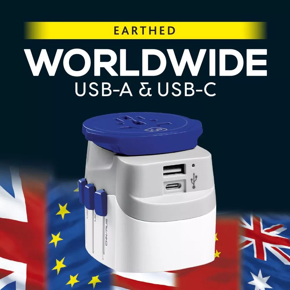 WORLDWIDE ADAPTOR + USB-A &amp; USB-C (640.201) WHITE/BLUE