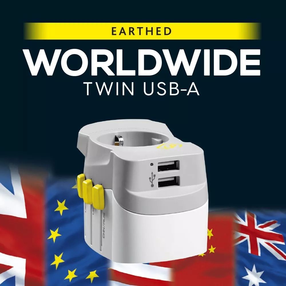 WORLDWIDE ADAPTOR + TWIN USB-A (639.201) WHITE/YELLOW