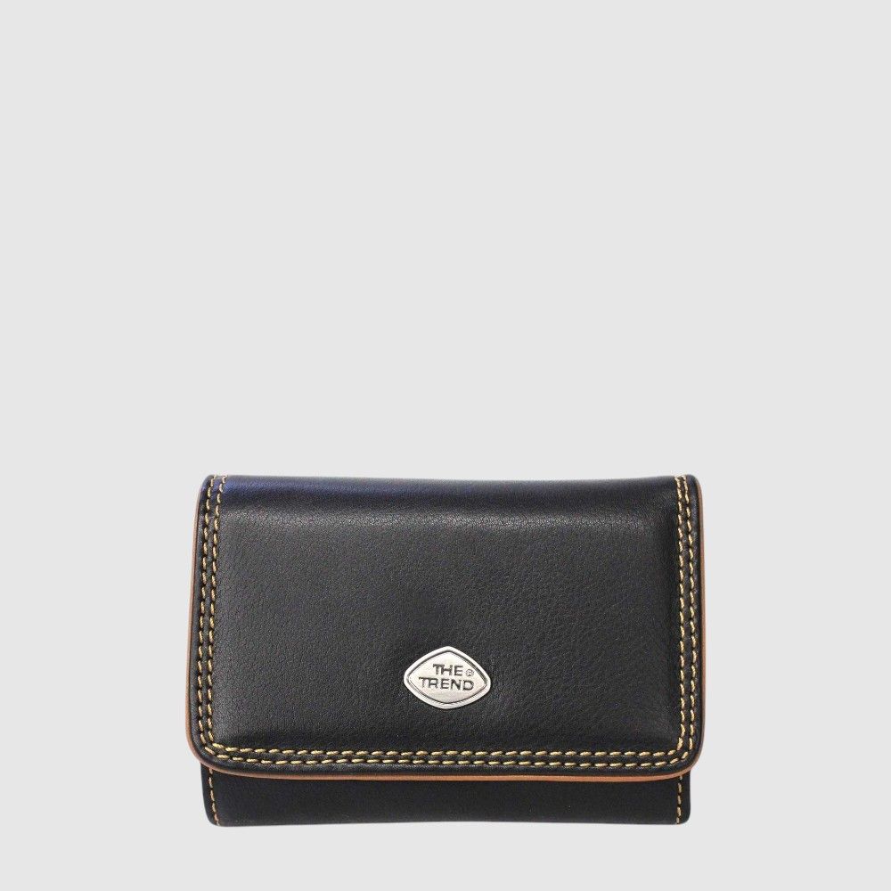 ITALIAN LEATHER RFID TRI-FOLD WALLET W/ WING &amp; ZIP (588359), Color: BLACK/COGNAC-BRANDY (87)