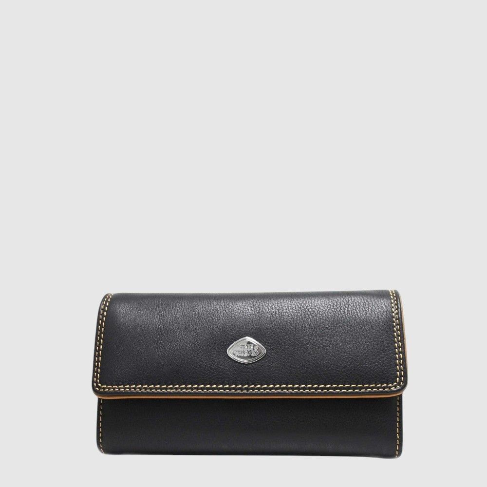 ITALIAN LEATHER LADIES RFID TRI-FOLD WALLET W/ZIP (588343), Color: BLACK/COGNAC-BRANDY (87)