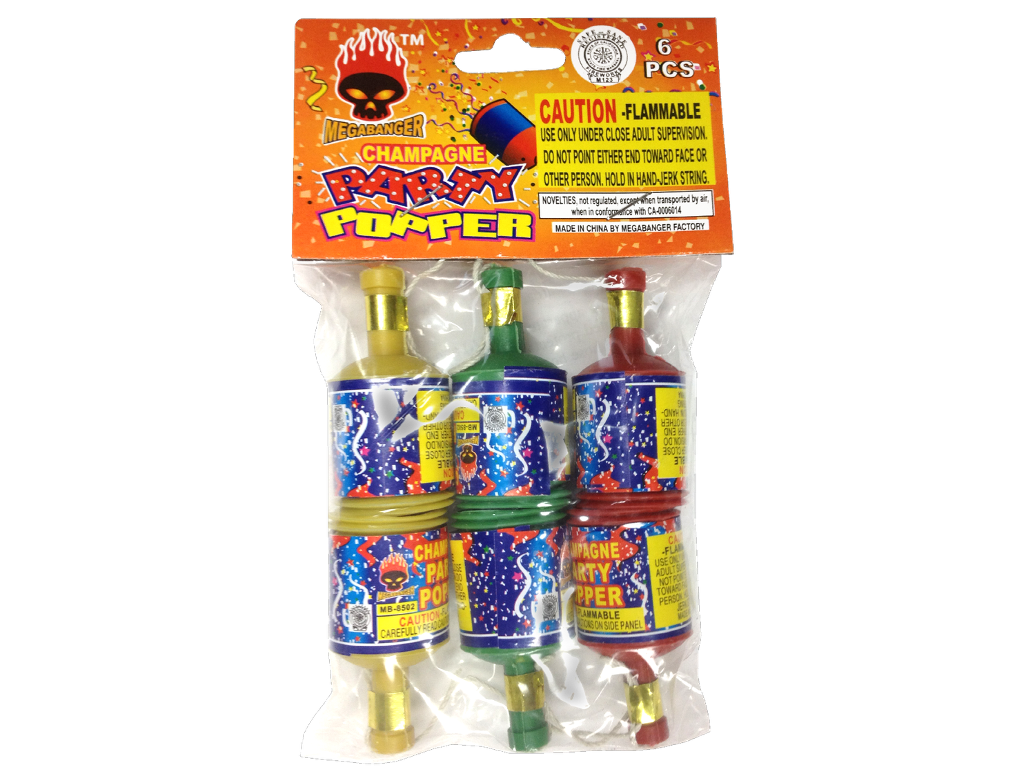CHAMPAGNE PARTY POPPERS 6 PACK HEADERED