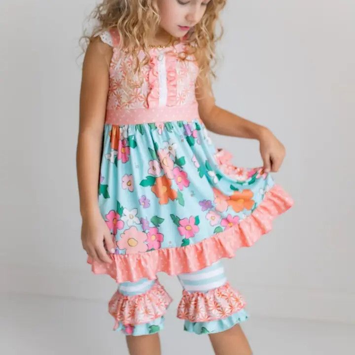 Peach &amp; Teal Floral Stripe Ruffle Capri Set