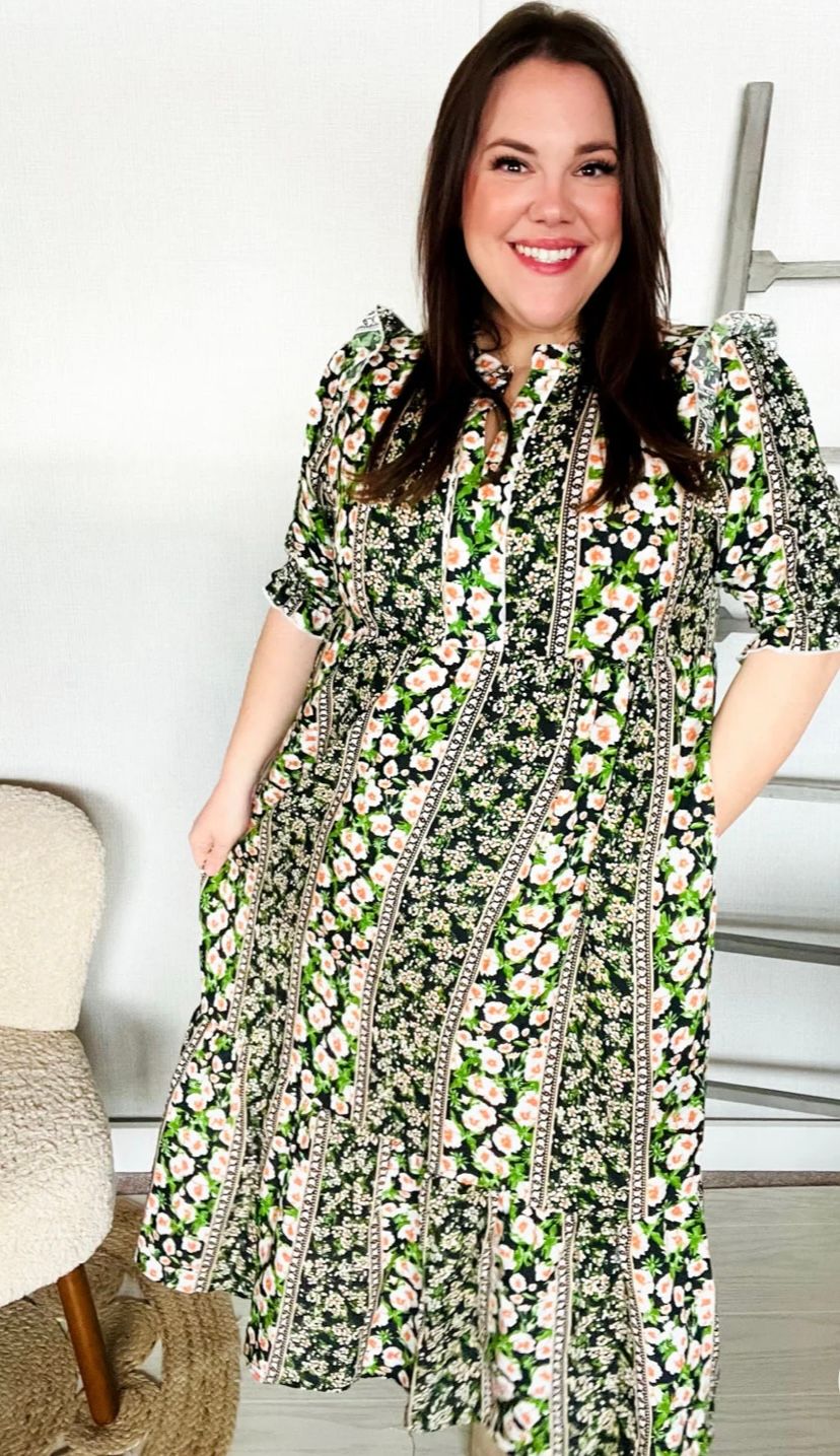 Black Floral Smocked Midi Dress