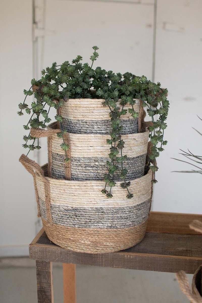 Gray Striped Round Rush Basket (3 Sizes)