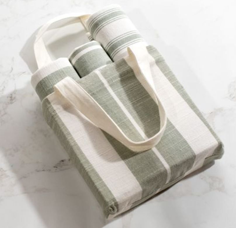 3 PC Green and White Towel Set with Bag