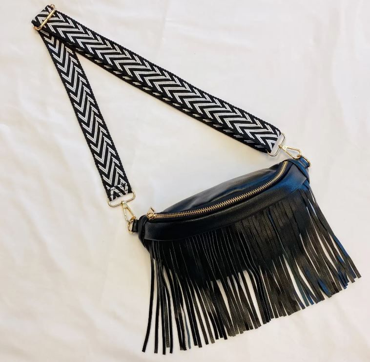 Vegan Leather Black Fringe Sling Bag