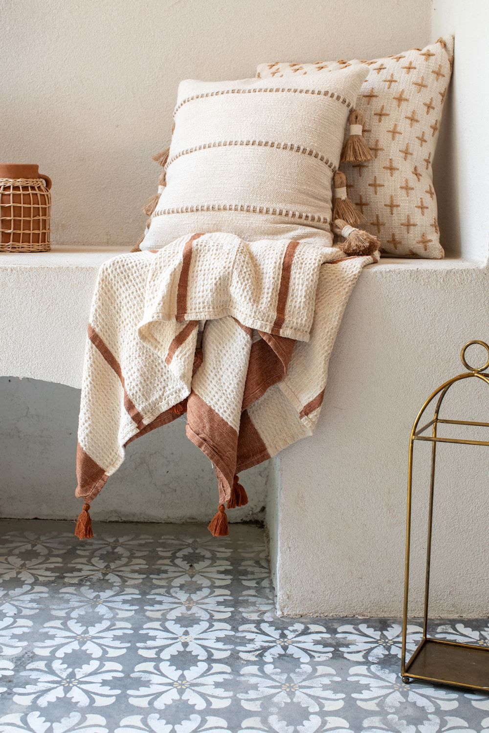 Terracotta Waffle/Chambray Stripe Blanket