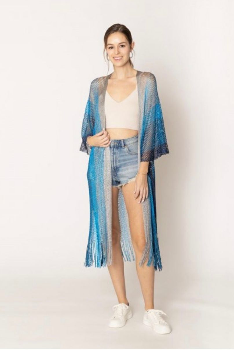 Blue Knit Fringe Kimono