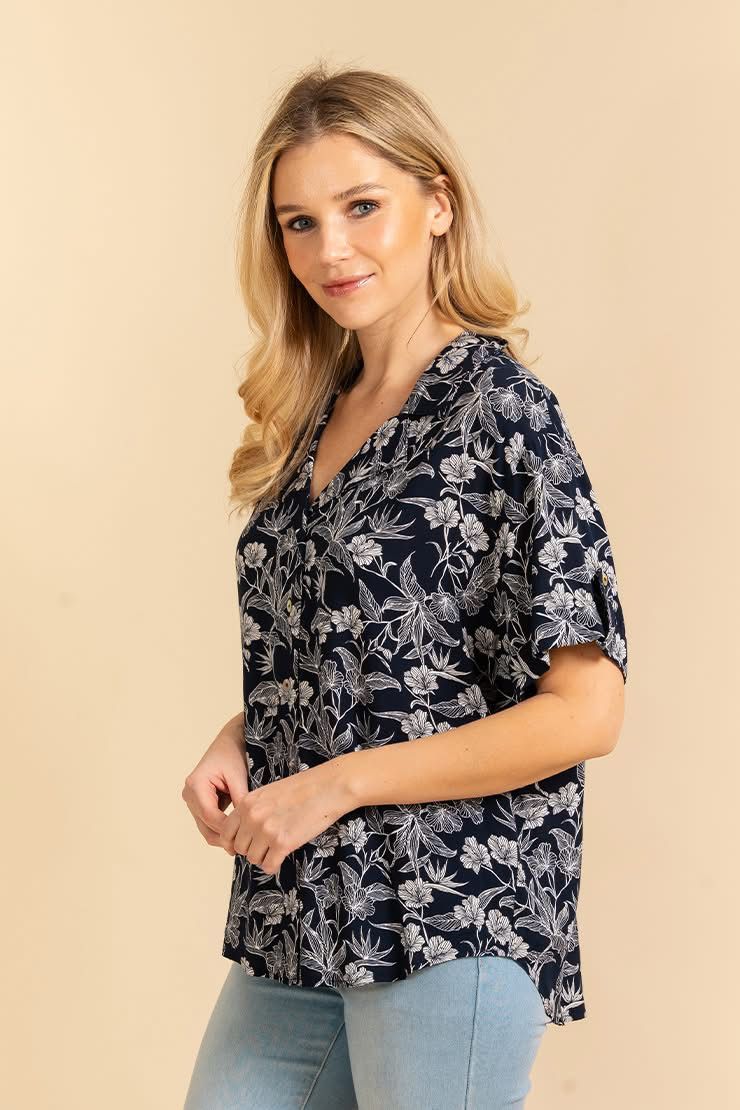 Navy and White Floral Button Down Blouse