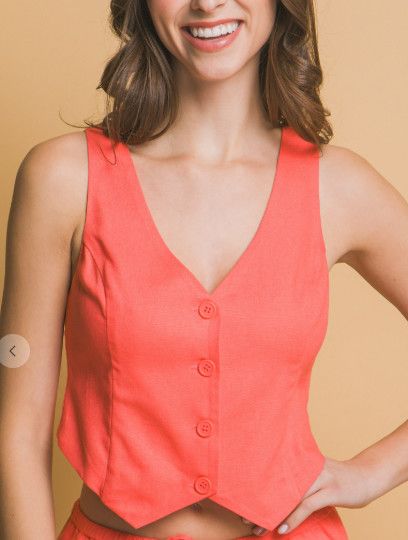 Coral Linen Button Down Vest