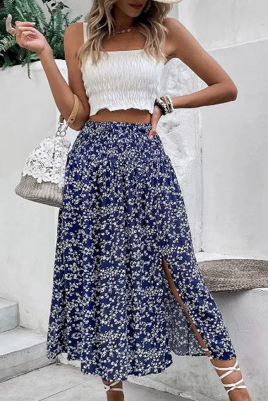 High Waisted Blue Floral Skirt