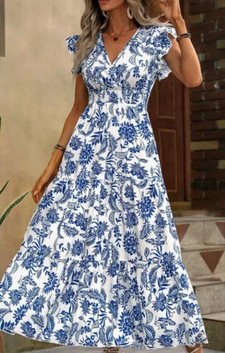 Blue Floral Print Dress with Butterfly Sleeves