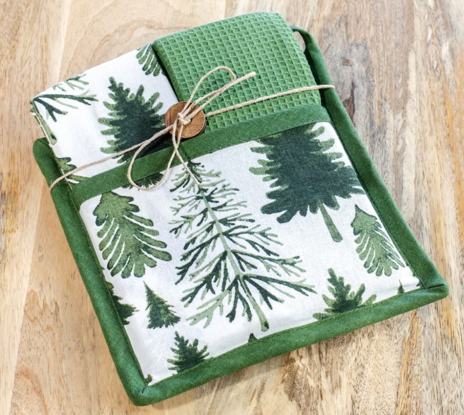 Green and White Tree Potholder Towel Set