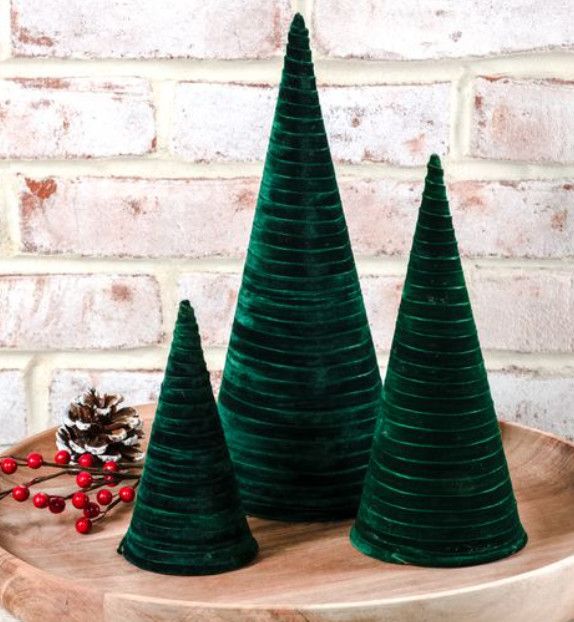 Set (3) Emerald  Velvet Cone Trees