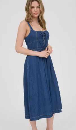 Lace Up Sleeveless Denim Midi Dress