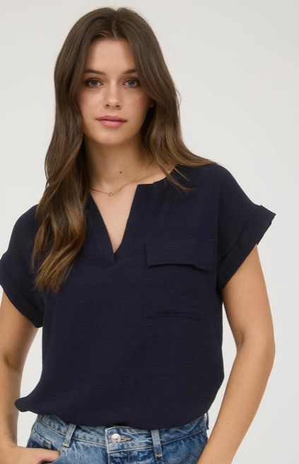 Navy Back Button Short Sleeve Top