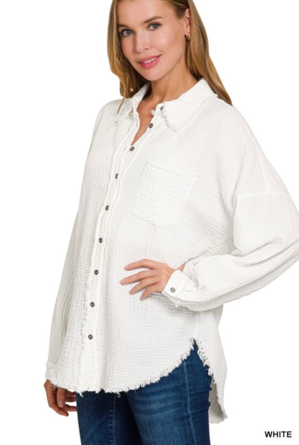 White Textured Button Down Top
