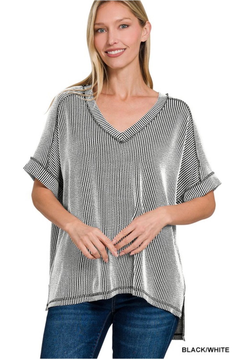 Black and White Ribbed Short Sleeve Top