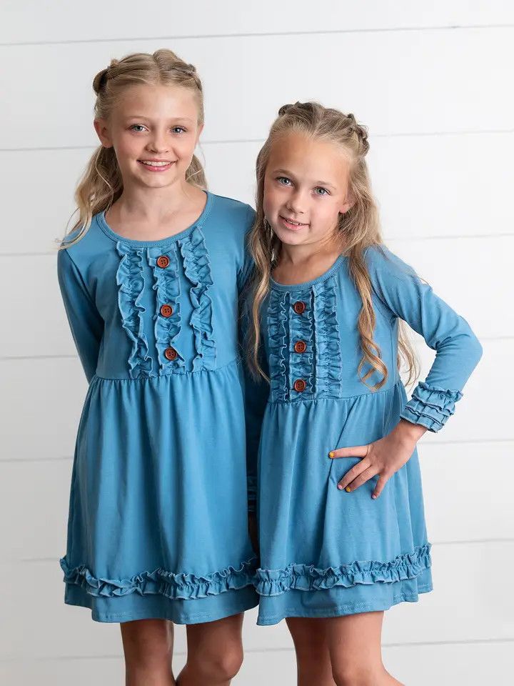 Long Sleeve Blue Ruffle Button Dress