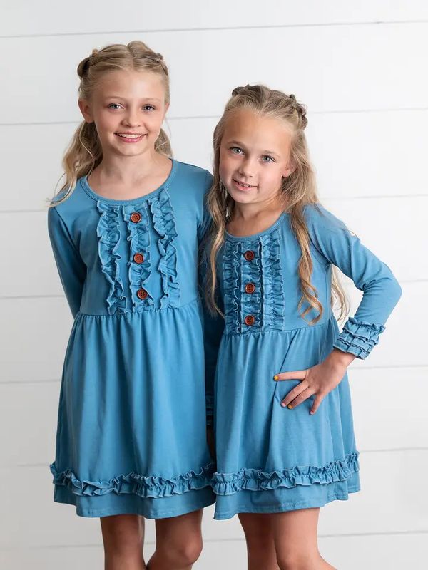 Long Sleeve Blue Ruffle Button Dress