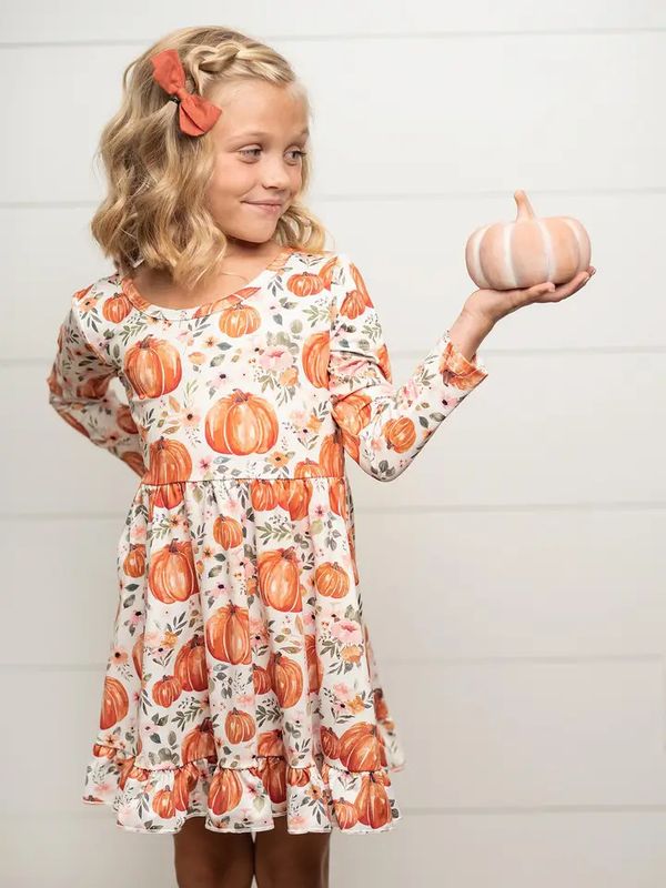Pumpkin &amp; Floral Print Long Sleeve Dress