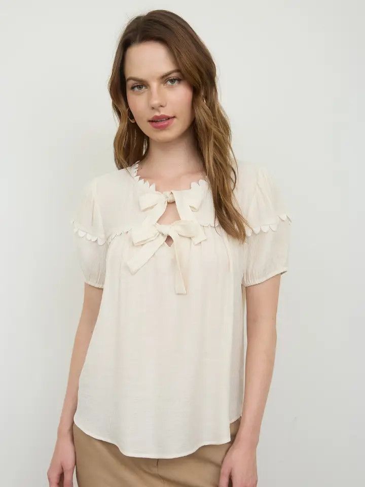 Puff Sleeve Tie-Front W/ Scallop Trim