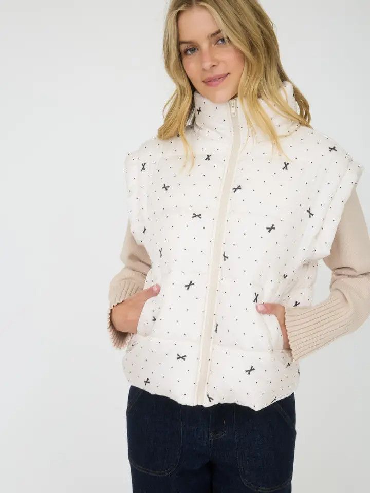 Polka Dot Bow Pattern Zip-Up Puffer Vest