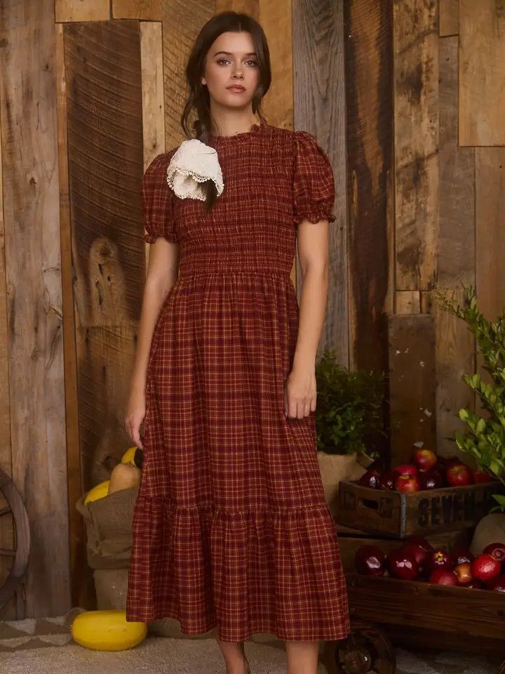 Plaid Short Puff Sleeve Smocked Midi Dress