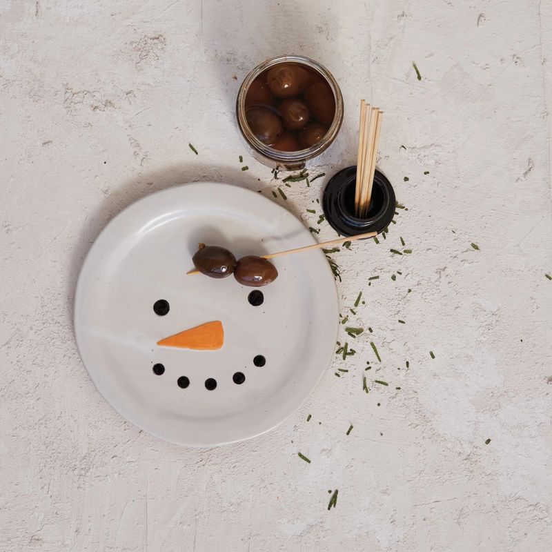 Stoneware Snowman Plate with Hat Toothpick Holder