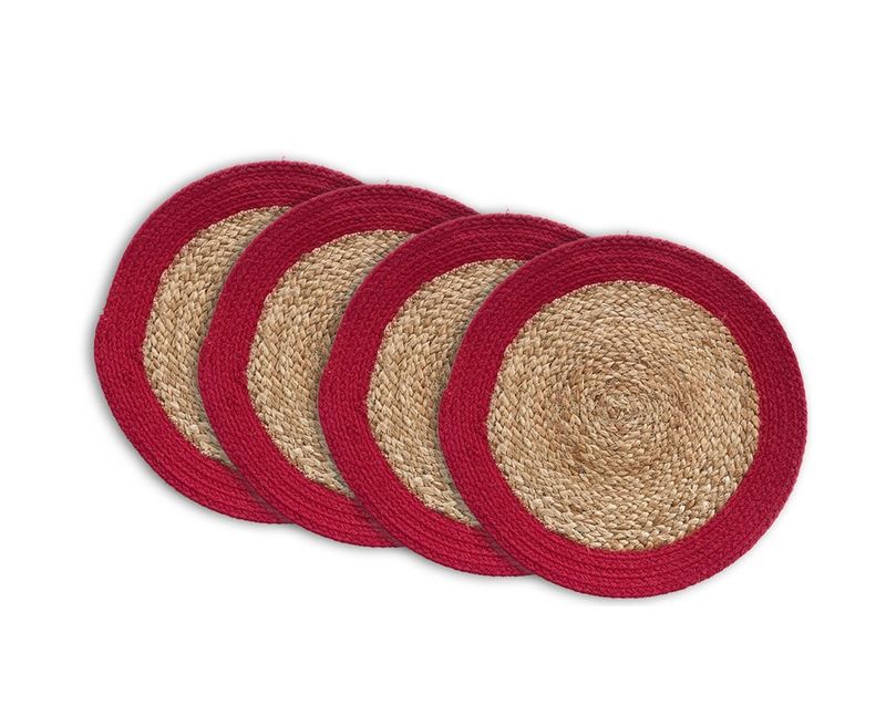 15&quot; Natural and Red Round Jute Placemat
