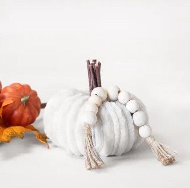 5" Beige Velvet Pumpkin with Beads