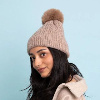 Cable Knit Cuffed Beanie, Color: Taupe