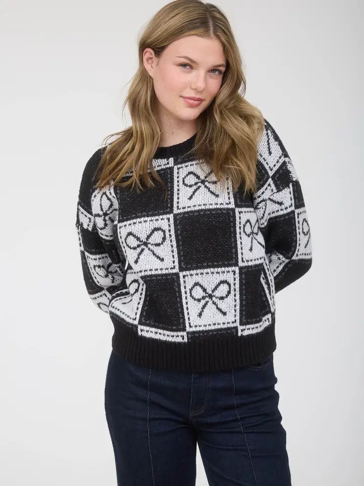 Checkered Bow Jacquard Crewneck Knit Sweater
