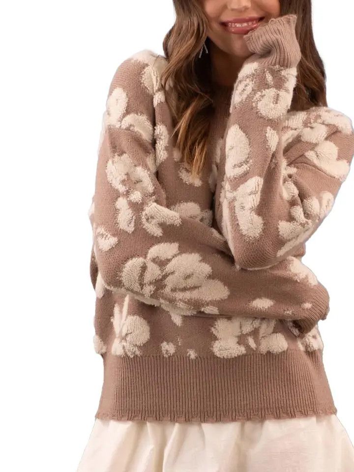 Floral Distressed Crewneck Terry Sweater