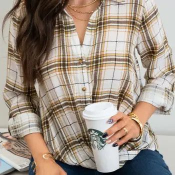Plaid Draped Roll Tab Sleeve Top