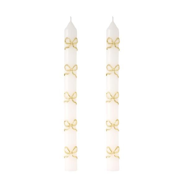White with Gold Bow Taper Candles (Set of 2)