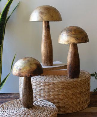 Antique Brass Mushroom with Wood Base, 3 Sizes