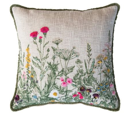 18" Square Floral Embroidered Cotton Slub Pillow