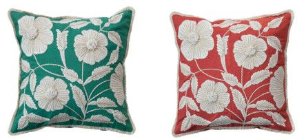 18" Square Cotton Floral Fringe Pillow, 2 colors